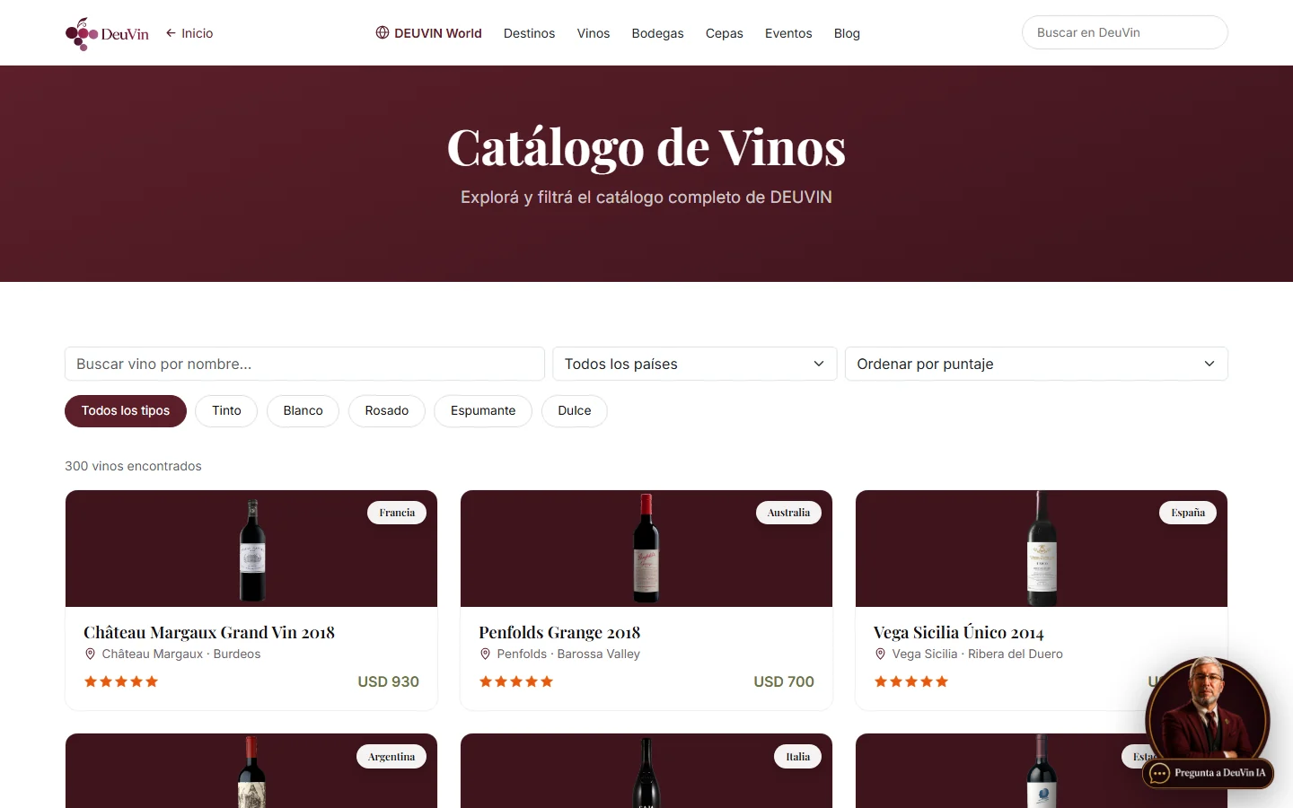 Catálogo de vinos con filtros