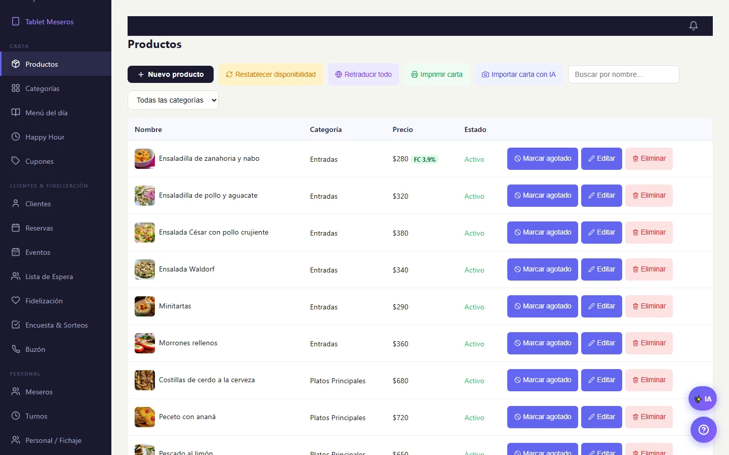 Managing dishes, prices and photos