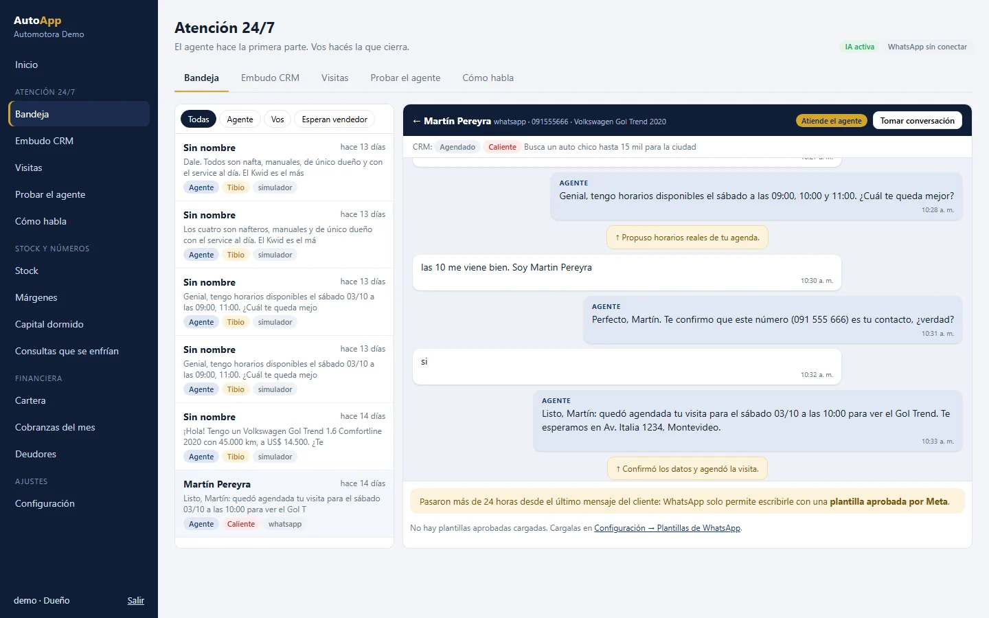 El agente atiende por WhatsApp y agenda la visita