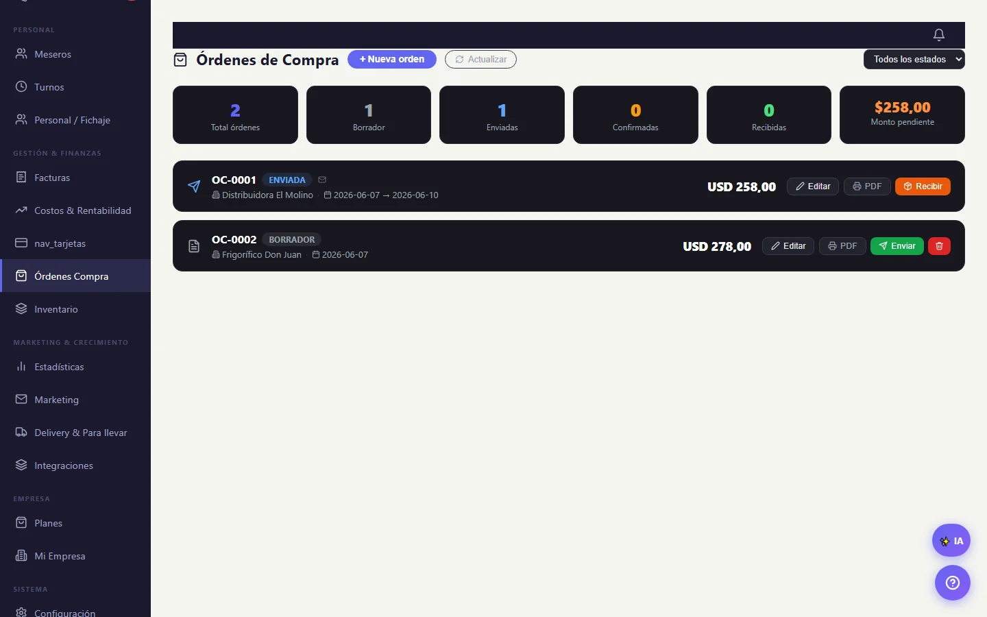 Órdenes de compra a proveedores