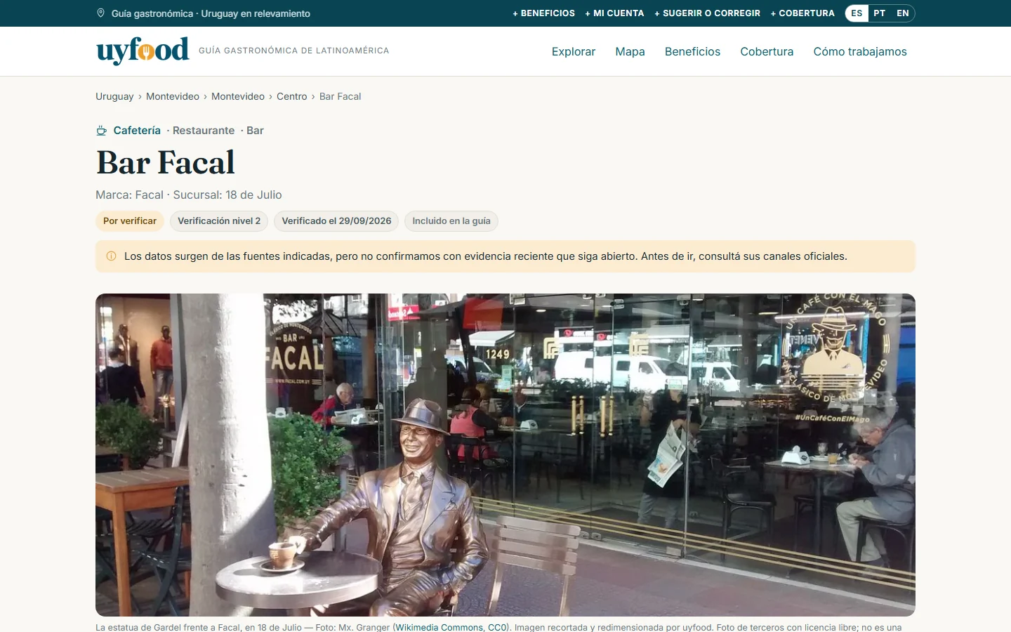 Ficha de un local con fuentes y verificación